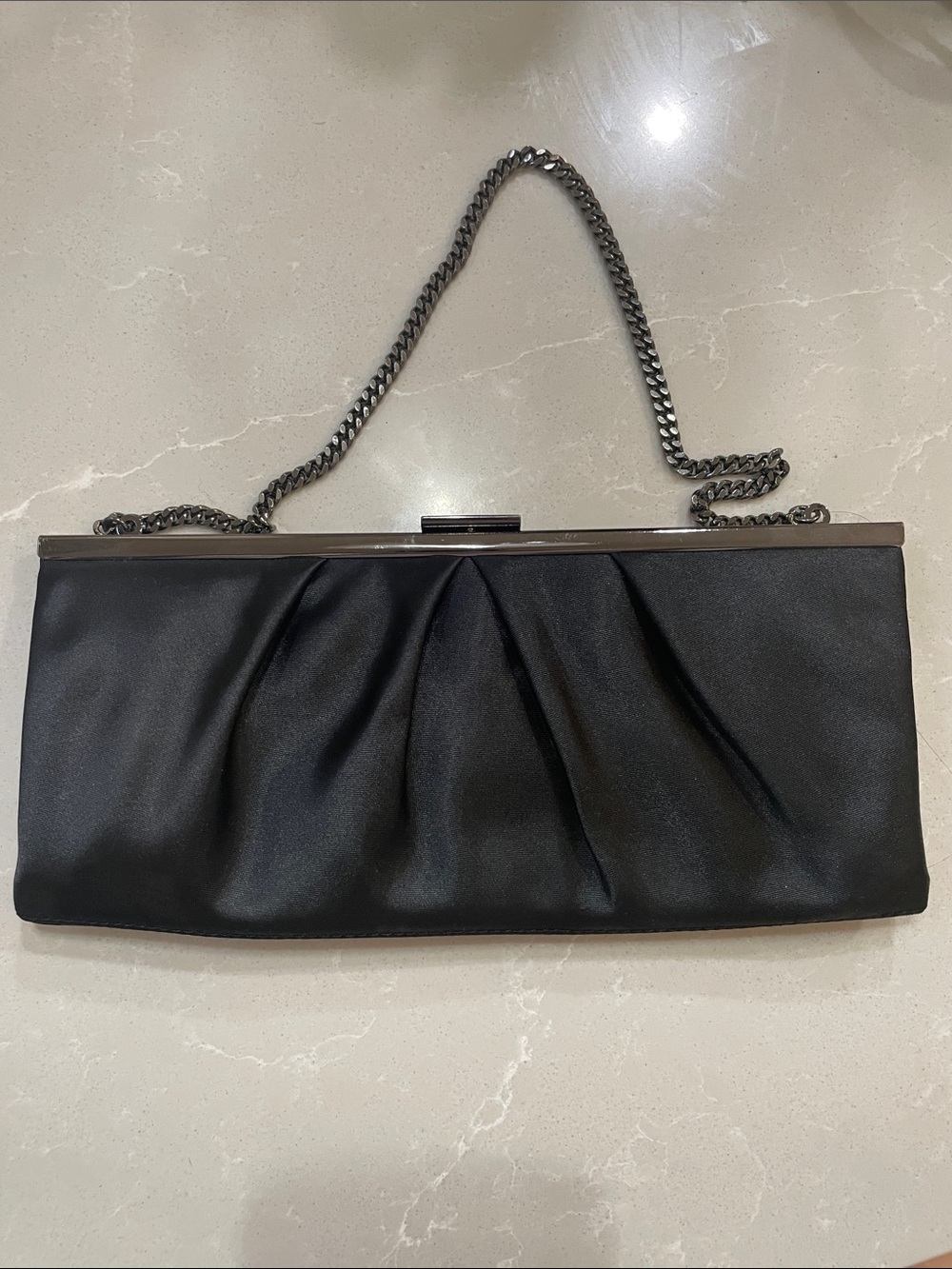 Ann Taylor LOFT Black Satin Pleated Chain-Handle Clutch